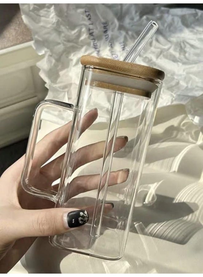 كوب زجاجي فاخر مع غطاء من الخيزران ومصاص زجاجي – كوب عصري للمشروبات الباردة مع يد ملوّنة – كوب قابل لإعادة الاستخدام للمشروبات مثل القهوة الباردة، العصير، الحليب والشاي - Image 1